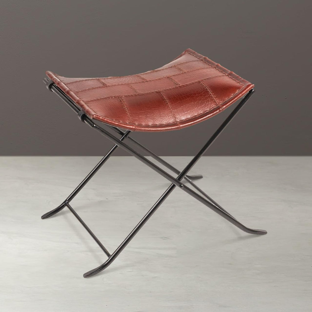 Creative Co-Op Collapsible Leather and Metal Stool, Russet Brown