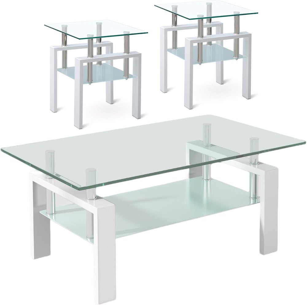 Tempered Glass Coffee Table Set of 3 Coffee Table and End Tables Set,Living R...