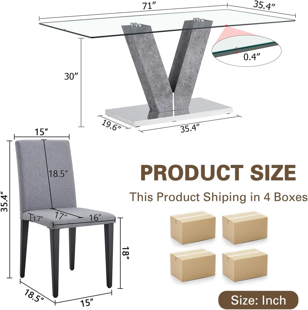 71" Glass Dining Table Set for 6, 7-Piece Glass Dining Table Set with Ch...