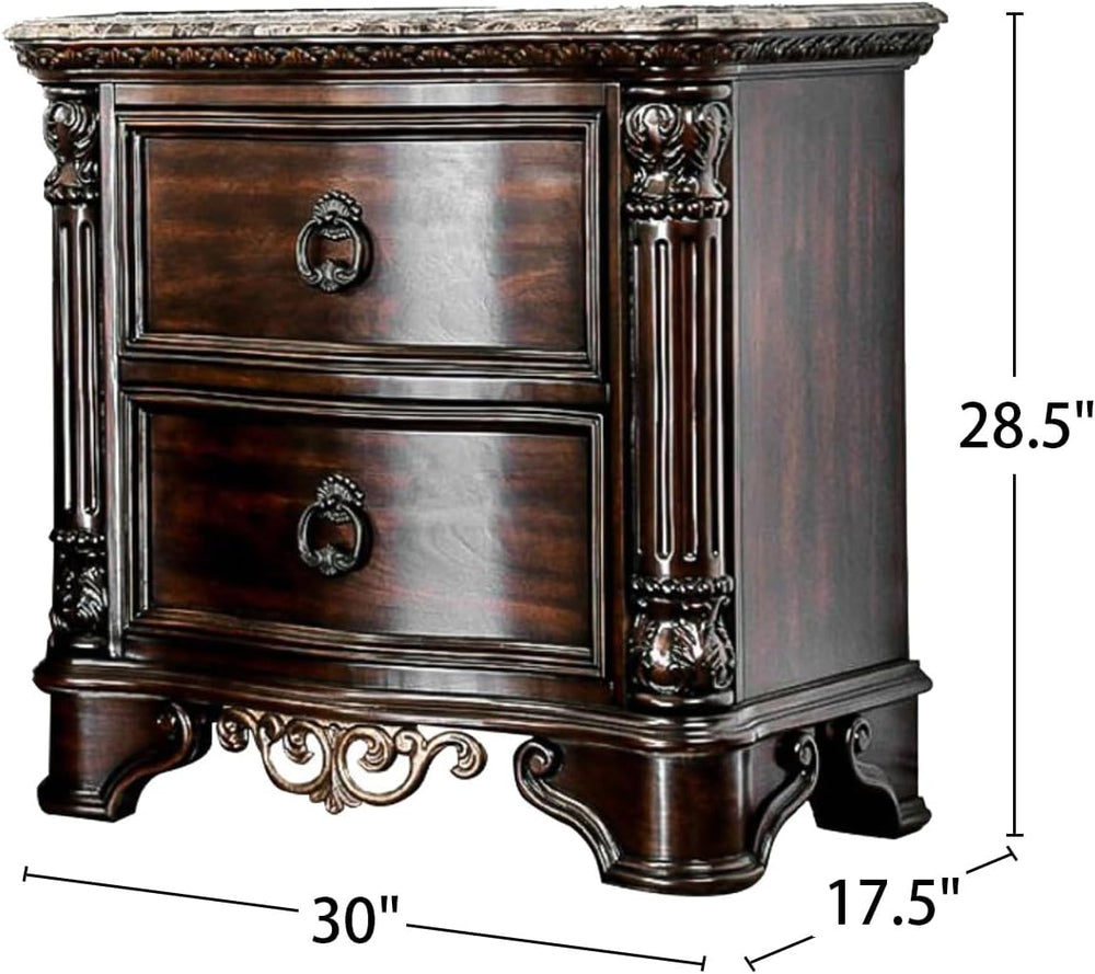 Genuine Marble Top Nightstand with 2 Drawers, Brown Cherry,for Small Spaces