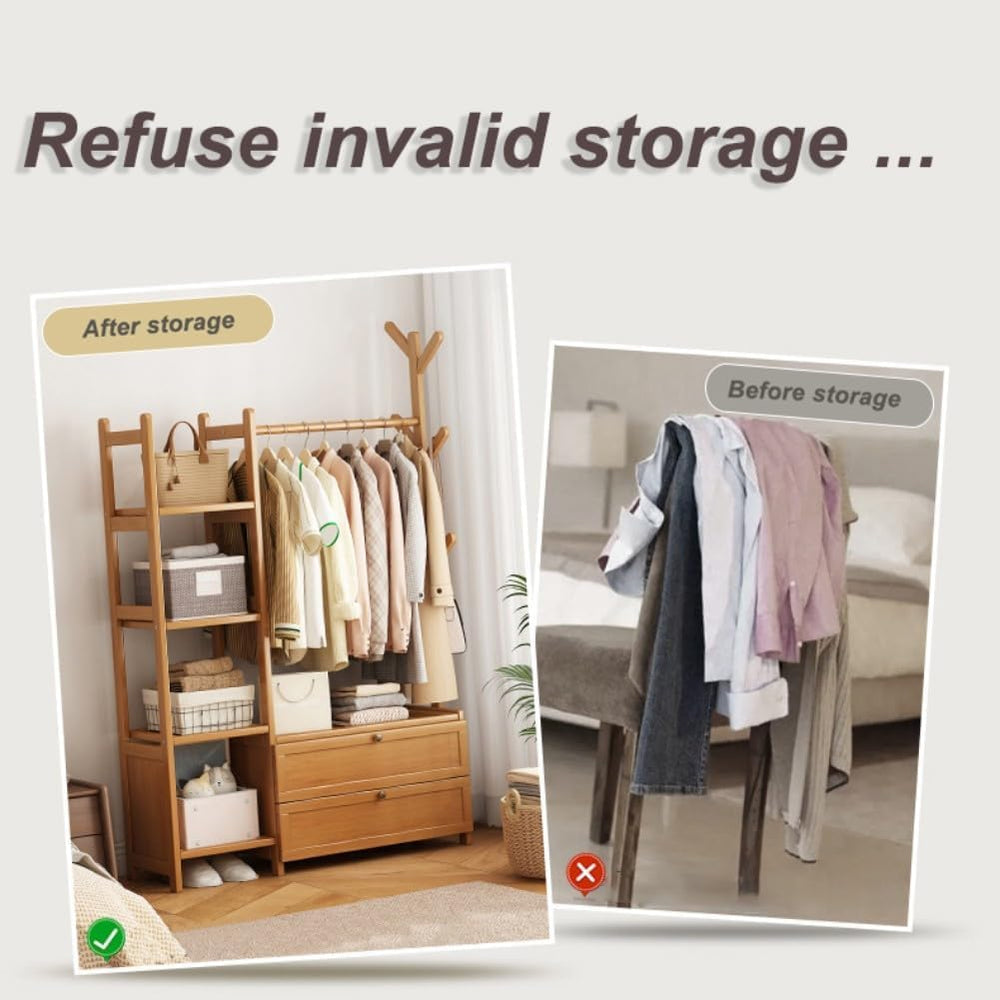 Open Wardrobe for Bedroom - Wooden Clothes Rail with Drawers, Free Standing G...
