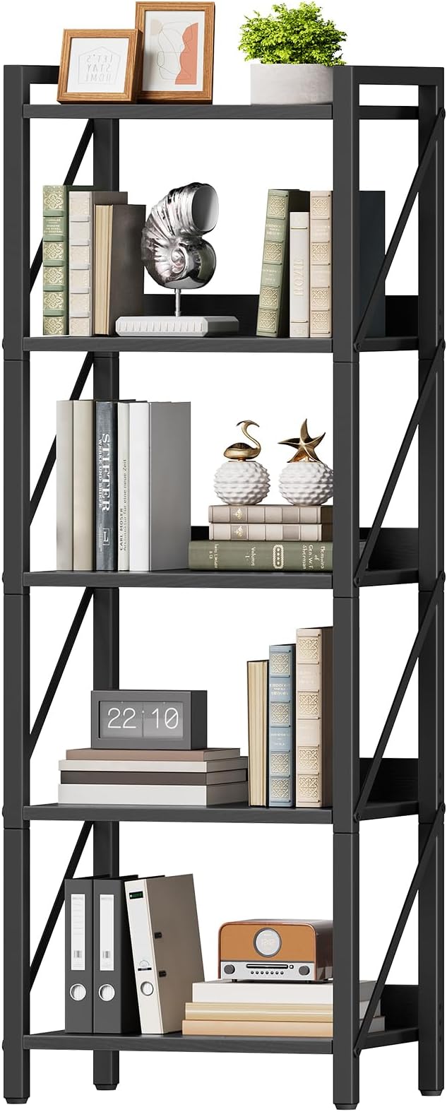 HOOBRO Bookshelf, 5-Tier Industrial Bookcase, Book Shelf Storage Organizer, T...