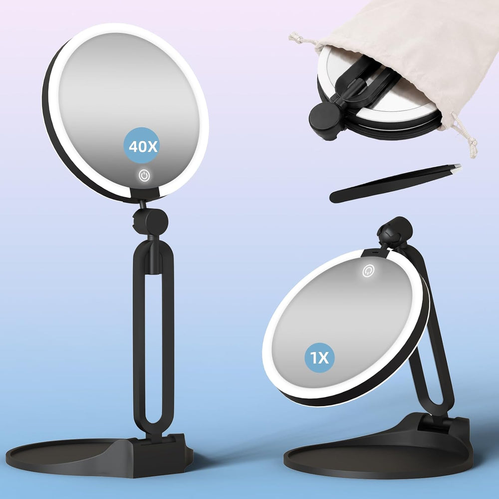 Double Sided 1X/40X Travel Magnifying Makeup Mirror with Light, Foldable