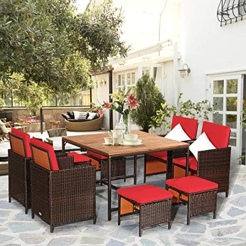 Tangkula 9 Pieces Acacia Wood Patio Dining Set, Space Saving Wicker Chairs an...
