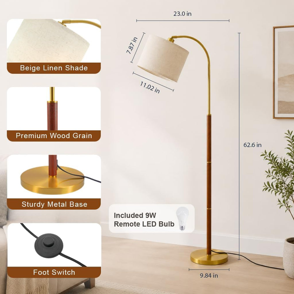 Walnut Gold Arc Floor Lamps for Living Room 62.6" Mid Century Modern Lamp