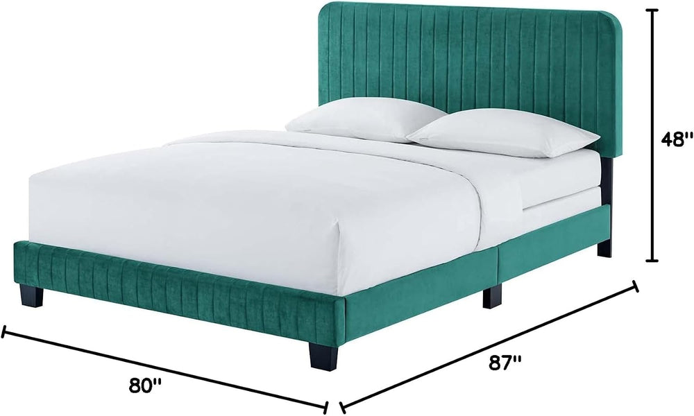 Tufted Platform Bed Frame, King Size, Velvet, Teal Blue, Modern Contemporary,...