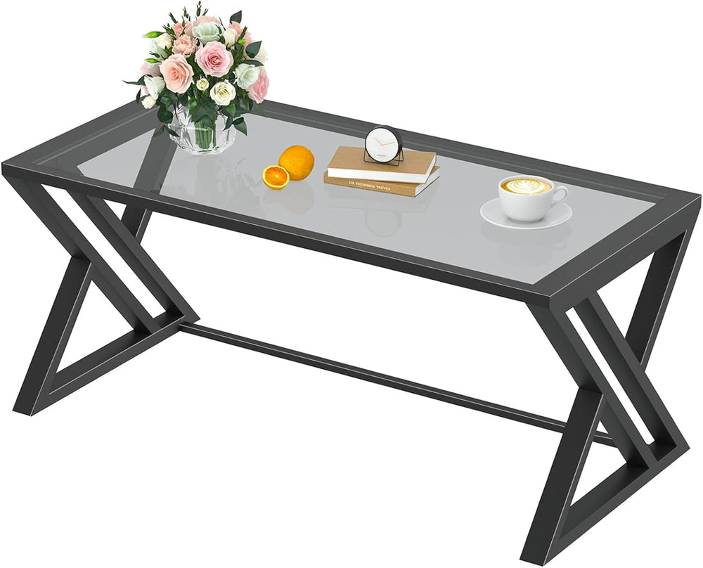 Wolawu Coffee Table Grey Glass Coffee Tables for Living Room, Center Table