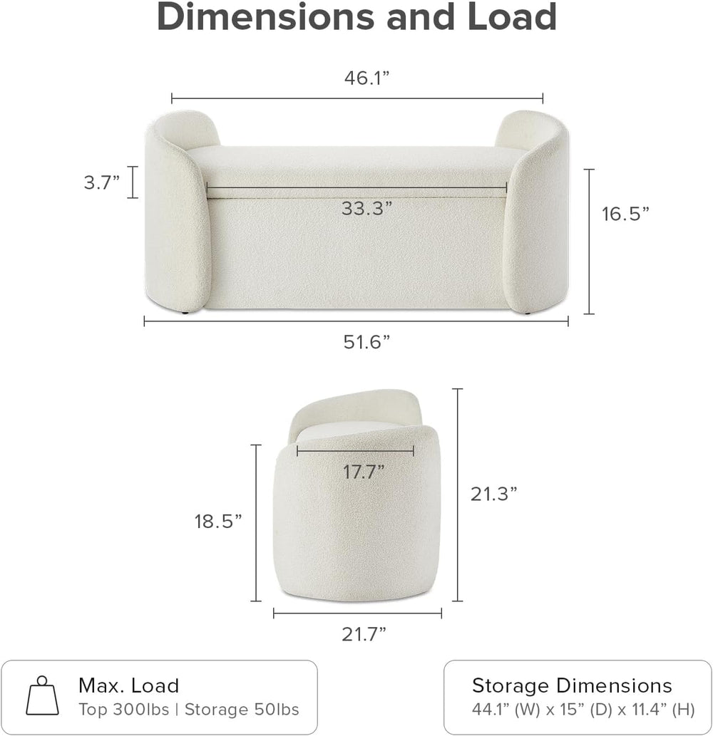mopio Sophie 51" Ottoman, Storage Bench, End of Bed (Pearl White Boucle)