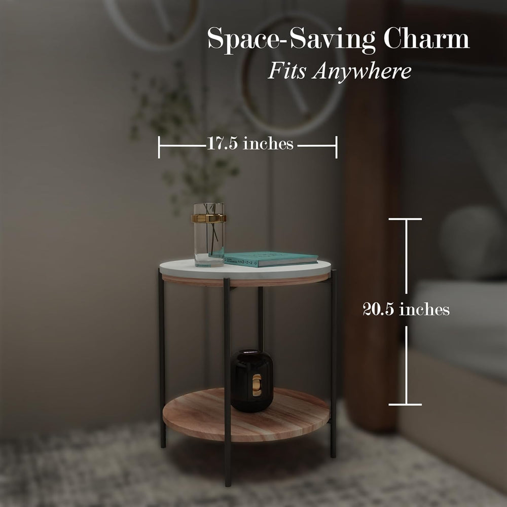 Lyra Round Marble End Table – Solid Acacia Wood Shelf, Open Storage Side Tabl...