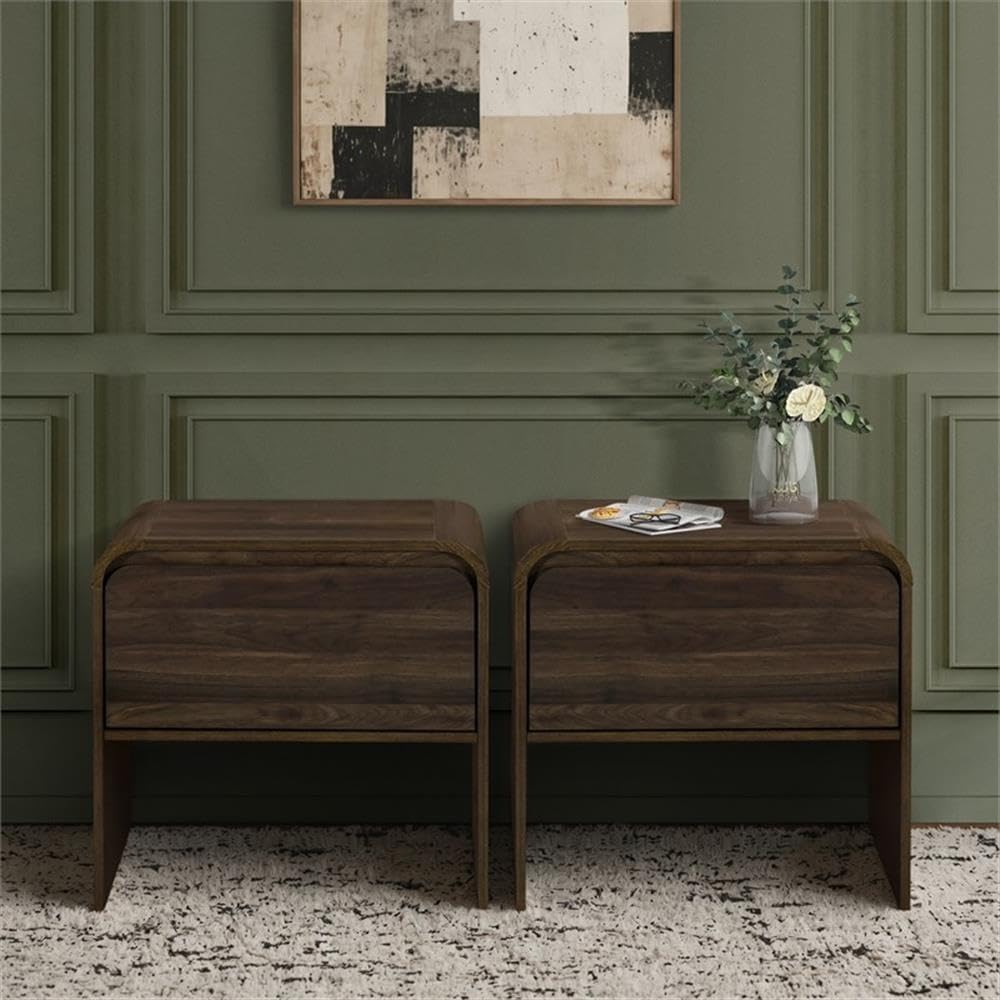 Pemberly Row Modern 2-Piece Wood End Table Set, Walnut Finish, 21.6 in W x 15...