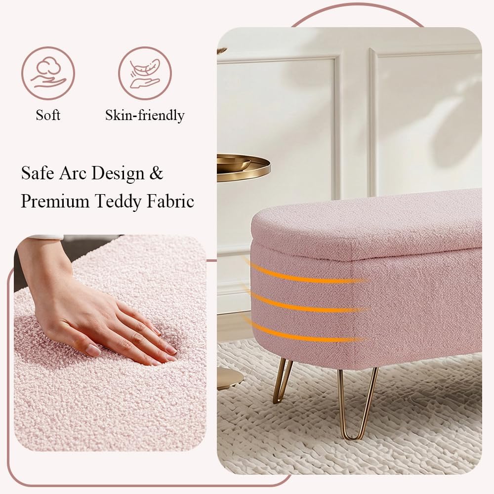 Modern Storage Ottoman Bench, Teddy Upholstered Entryway Bench with Gold Legs...