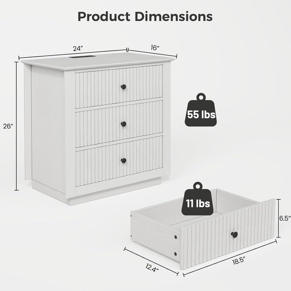 24" Wide Nightstand with Charging Station, Modern Fluted Bedroom Nightst...
