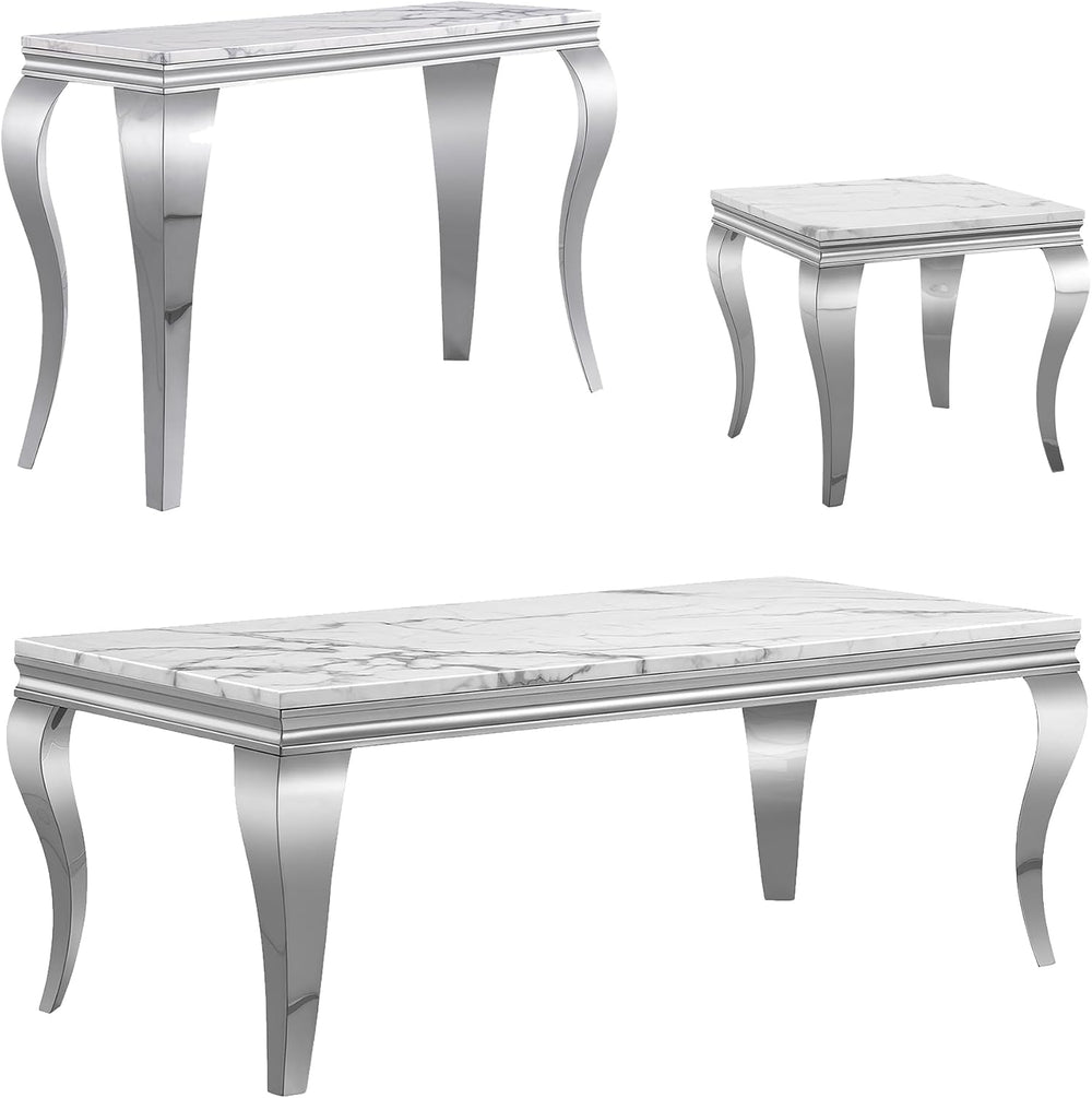 3 Piece Marble Living Room Table Set with 1 Coffee Table, 1 Console Sofa Tabl...