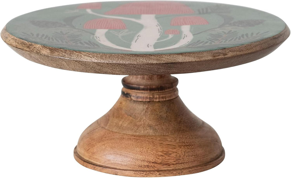 Creative Co-Op Enameled Mango Wood Pedestal with Mushrooms, Natural, Green an...