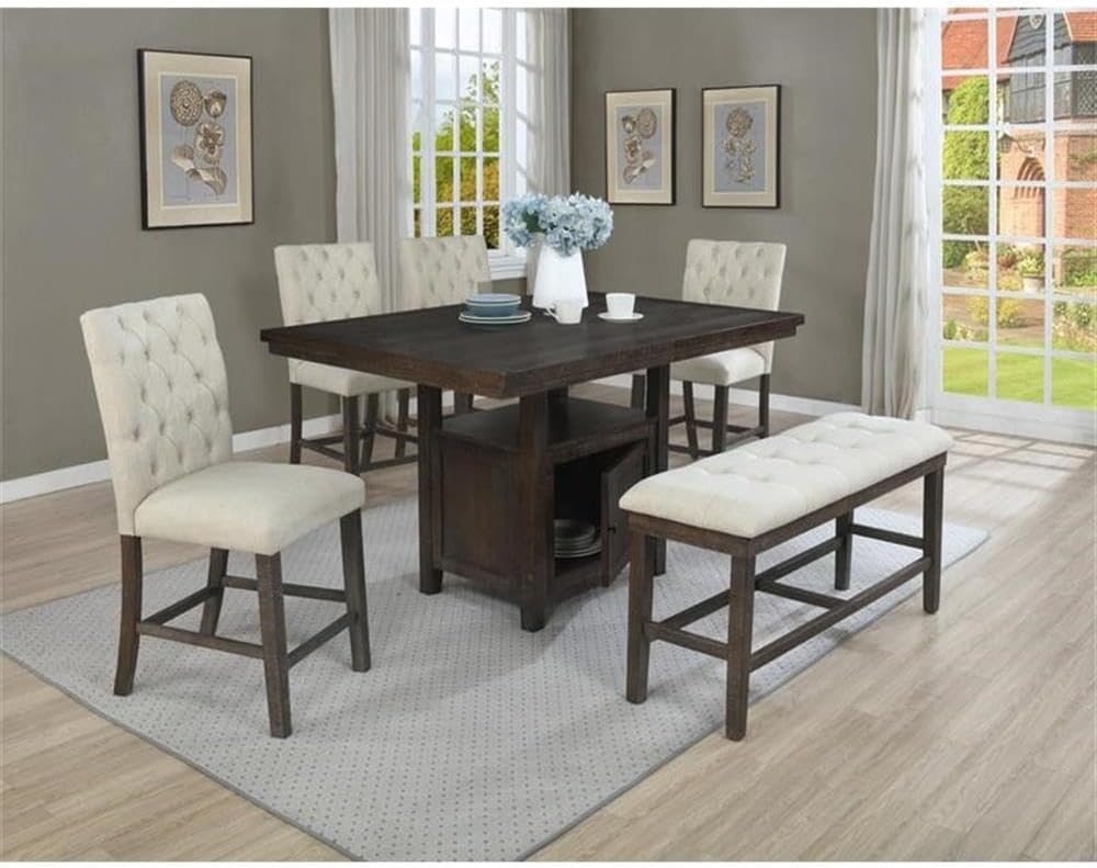 MAKLAINE Upholstered Counter Height Dining Bench, Beige Linen Fabric, Tufted ...