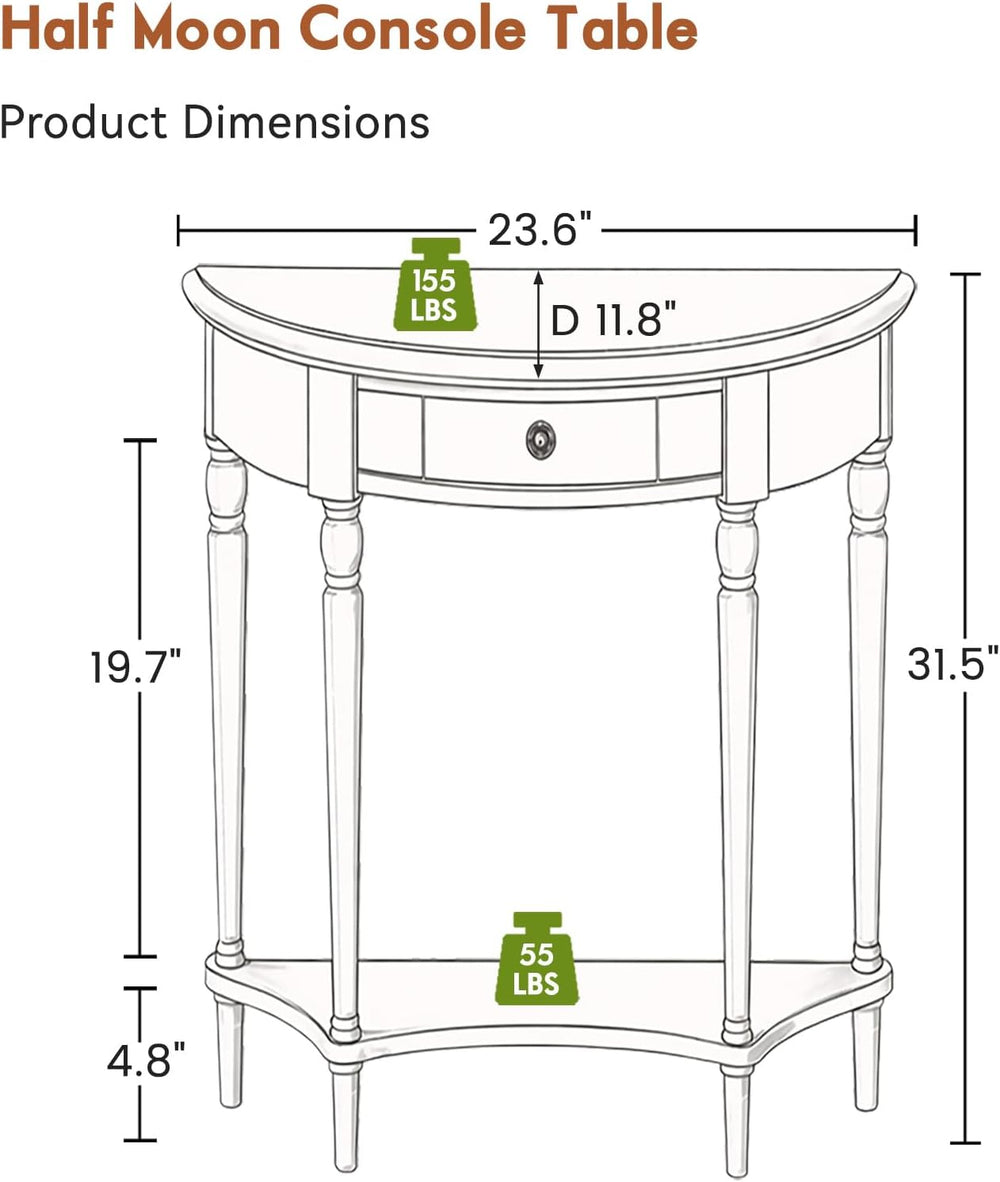 Half Moon Console Table Solid Wood Vintage Entryway Table with Storage Drawer...