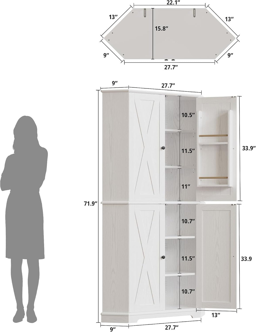 IRONCK Corner Cabinet, 72" Farmhouse Pantry Storage Cabinet, White | 6 T...