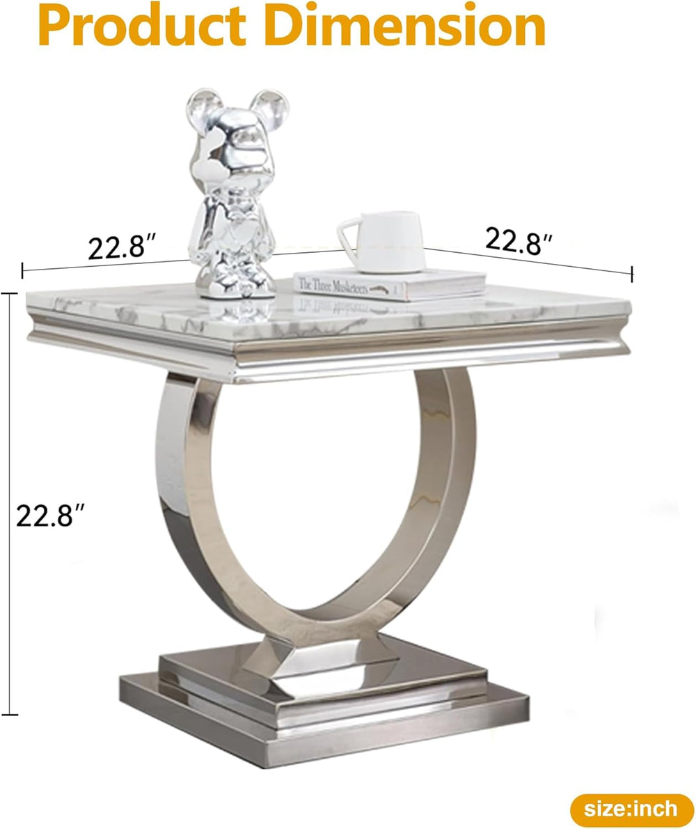 White Faux Marble End Table,Modern Sofa Side Tables with Silver Mirrored Stai...