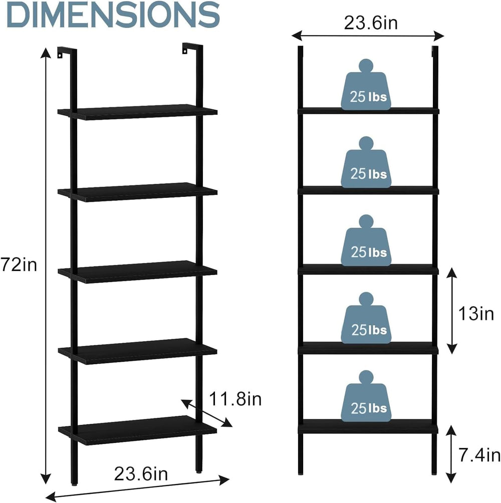 aboxoo Ladder Shelf Open 5-Tier Bookshelf Wall-Mounted Black Wood Bookcase St...