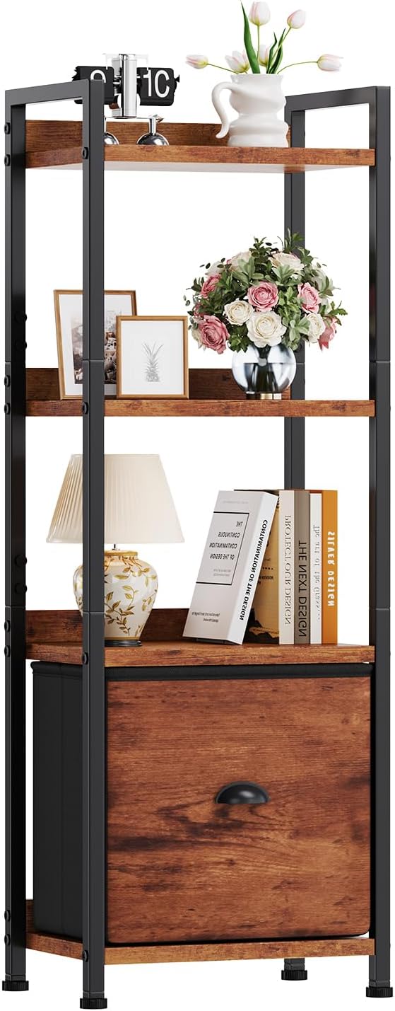 DUMOS 4 Tier Bookshelf with Fabric Drawer, Display Standing Shelf, Brown