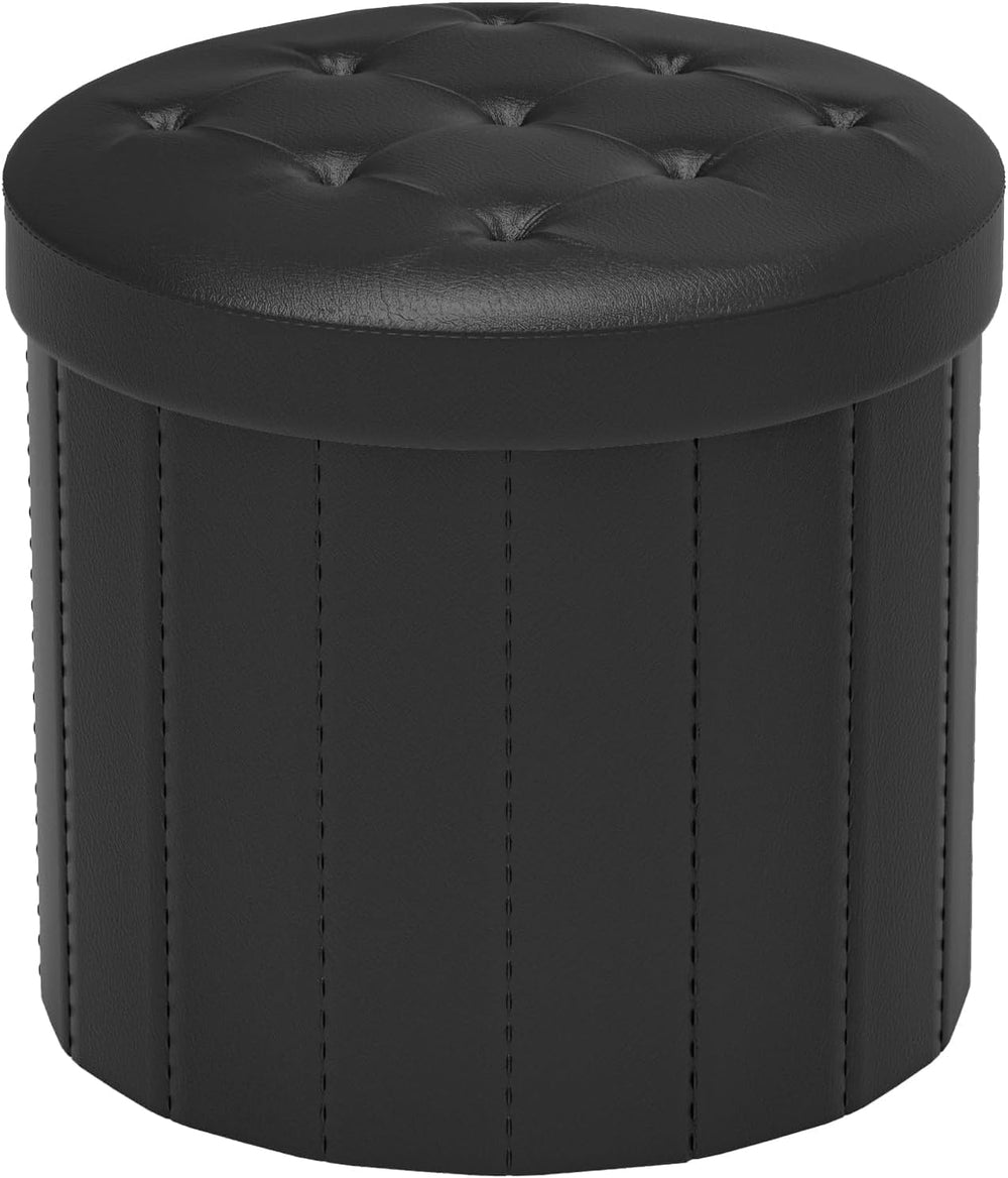 Bsketa Round Storage Ottoman, 14" Folding Leather Foot Rest Stool, Black
