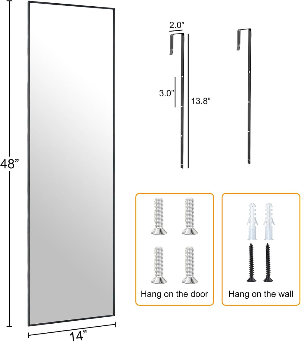 48x14 Inch Full Length Mirror Over the Door Hang or Wall Mounted Black