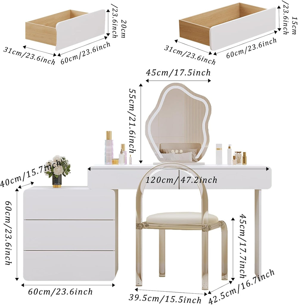 White Vanity Makeup Desk with Mirror and Lights, Vanity Desk with Acrylic Cha...