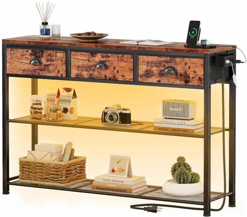 SONGMICS Console Table with Charging Station, Narrow Sofa Table with LED Ligh...