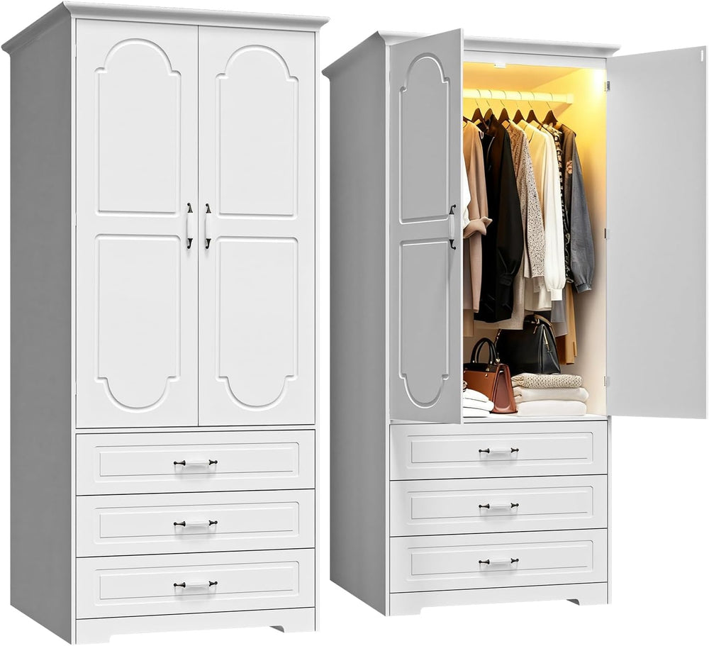 FJTJBSI Armoire Wardrobe Closet with 3 Drawers and LED Light 72" Wooden ...