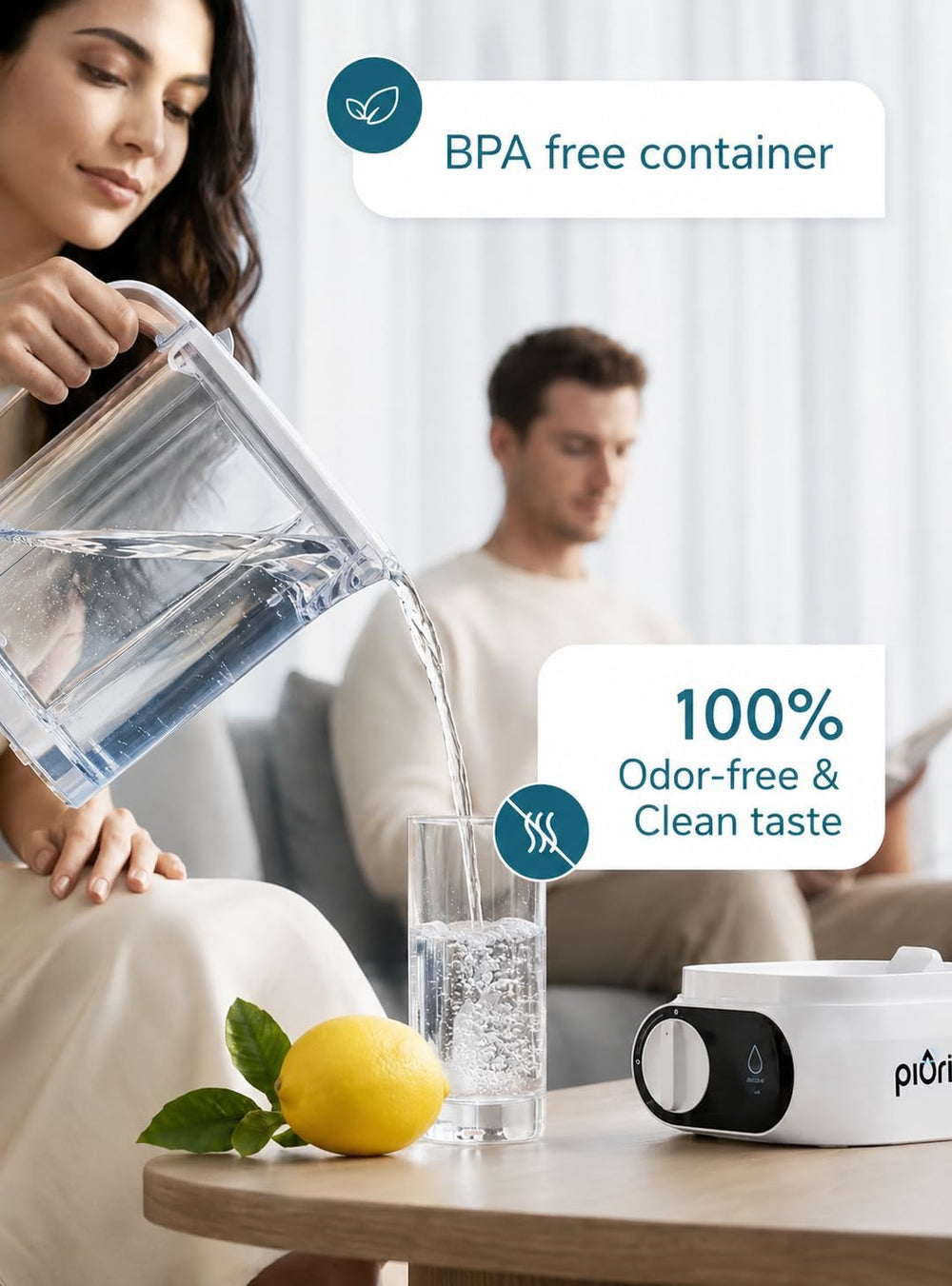 PIURIFY Compact Electric Water Filter Pitcher | Filters 50 oz in 2-Min