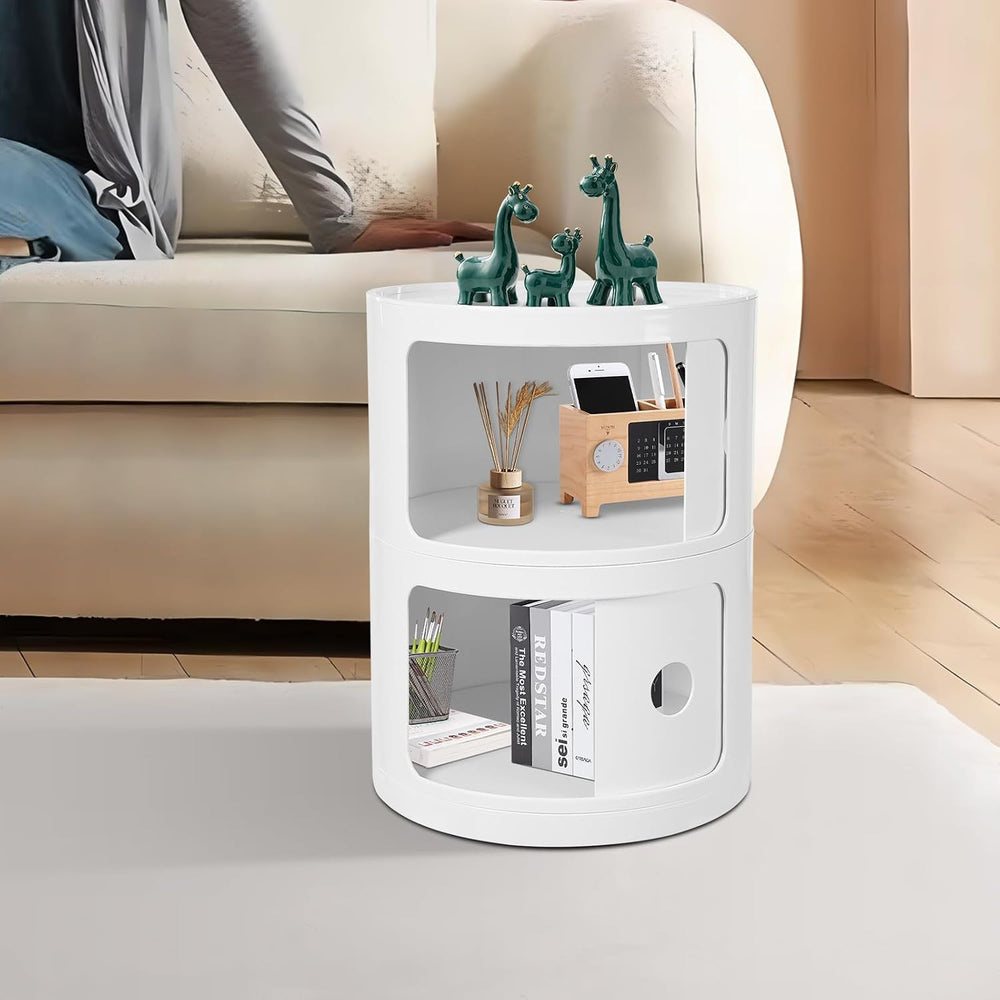 2-Tier Circular Nightstand, Round Nightstand, Circular Side Table with Drawer...
