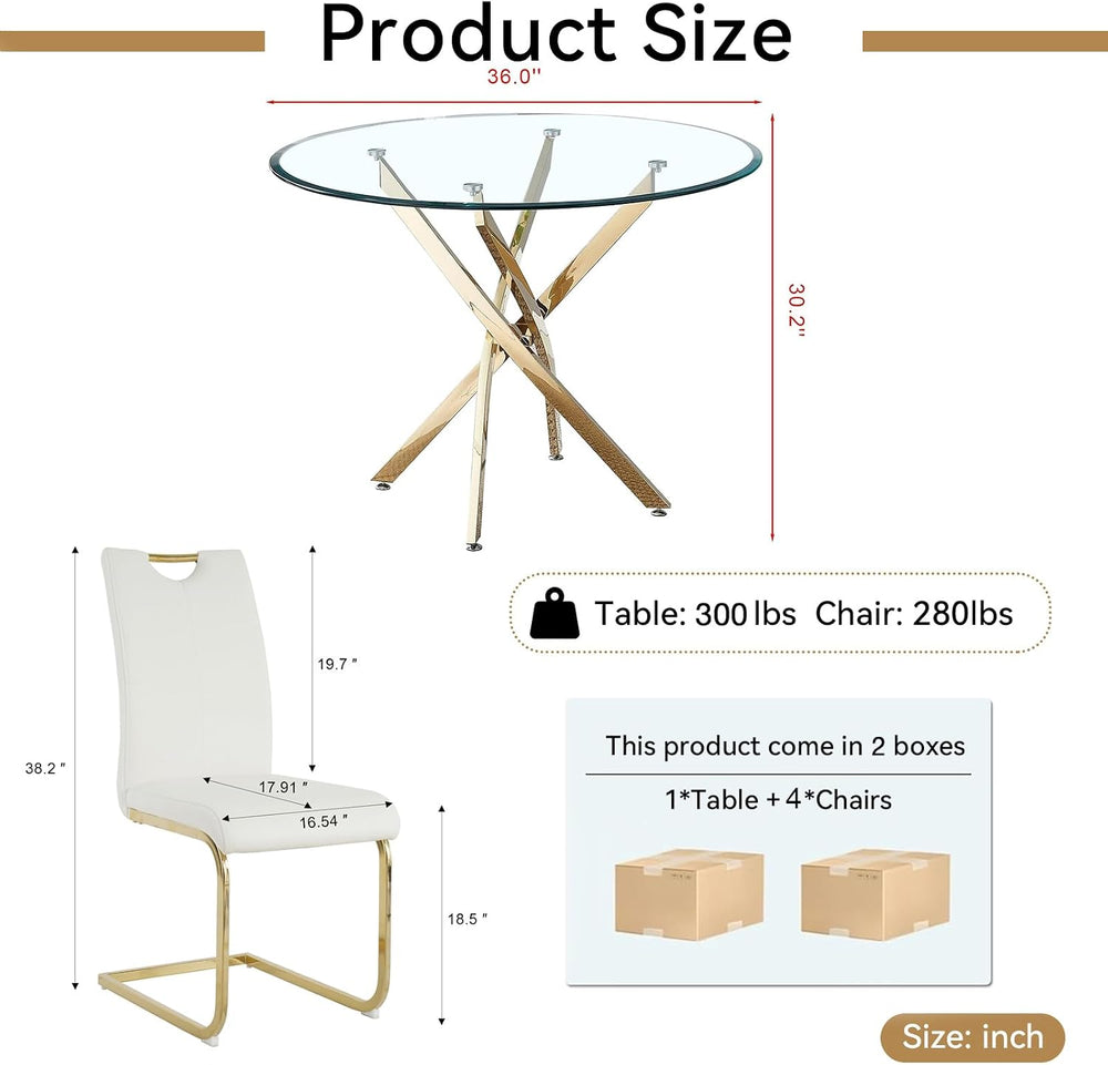 5-Piece Dining Room Table Set, Modern 36" Round Gold Glass Dining Table ...