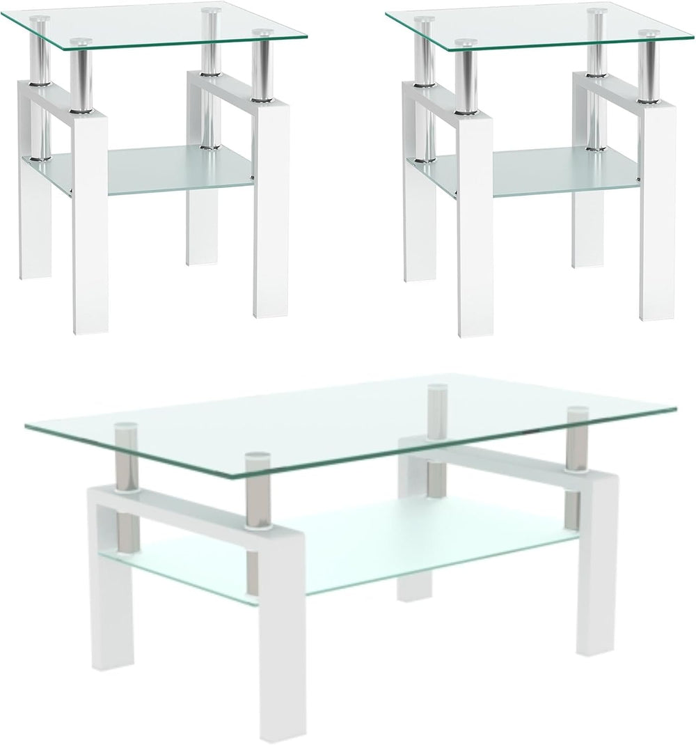 Glass Coffee Table Set of 3, 3-piece Living Room Tables with Tempered Glass a...