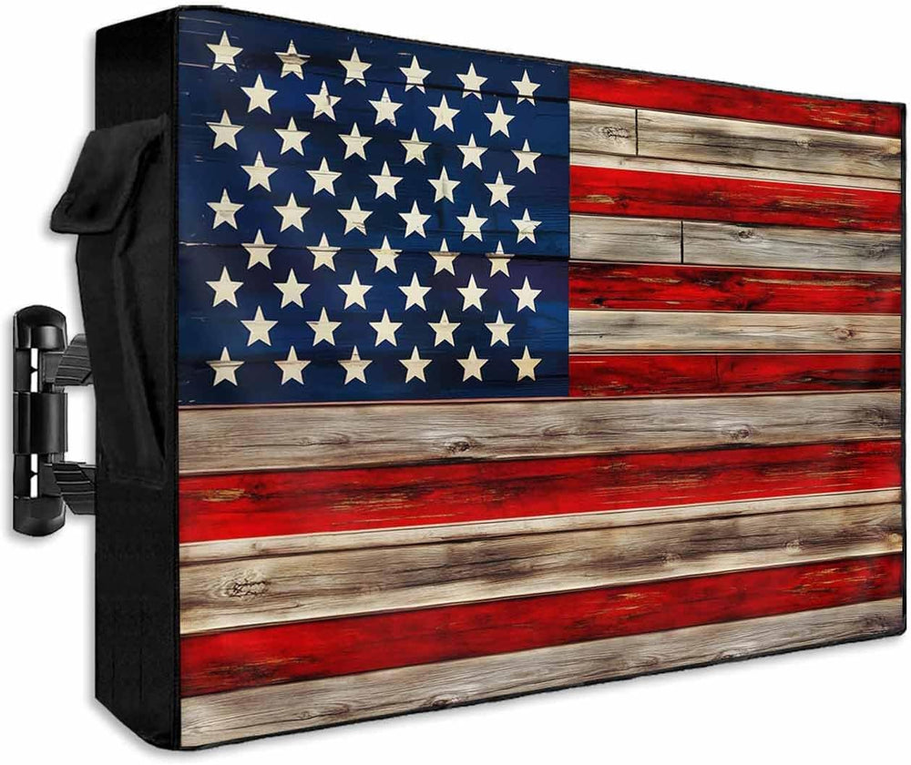 American Flag Outdoor TV Cover - Weatherproof, Vintage Wood Enclosure with Zi...