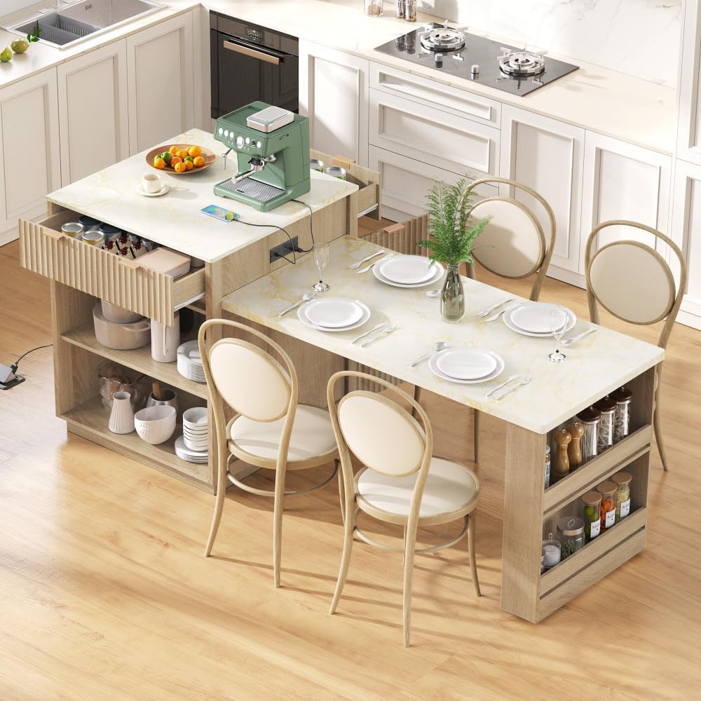 Kitchen Island, 82.6-Inch Natural with Extendable Dining Table and Outlet | F...