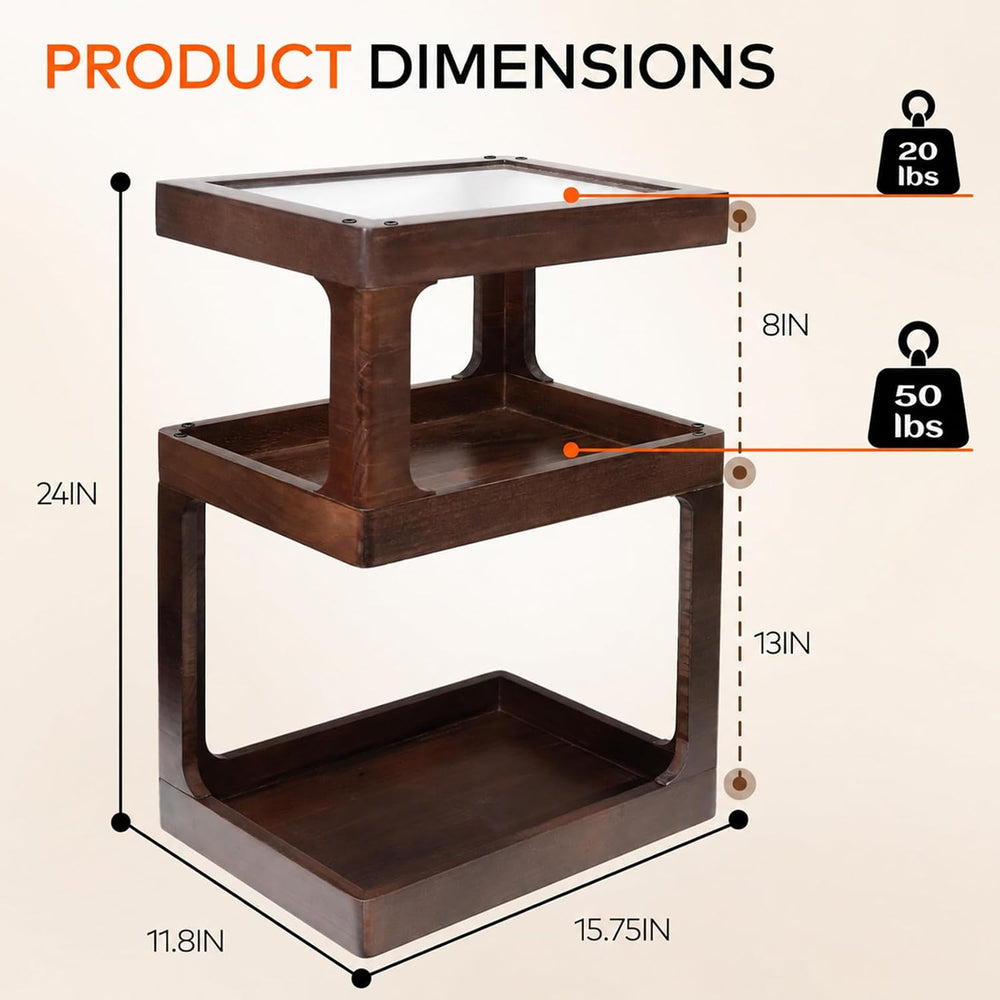 Solid Wood Side Table, 3 Tier Small End Table, Brown Accent Table