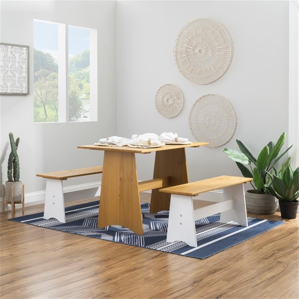 BOWERY HILL Large Backless Wood Bench, 42 in x 12 in x 17 in, White and Honey...