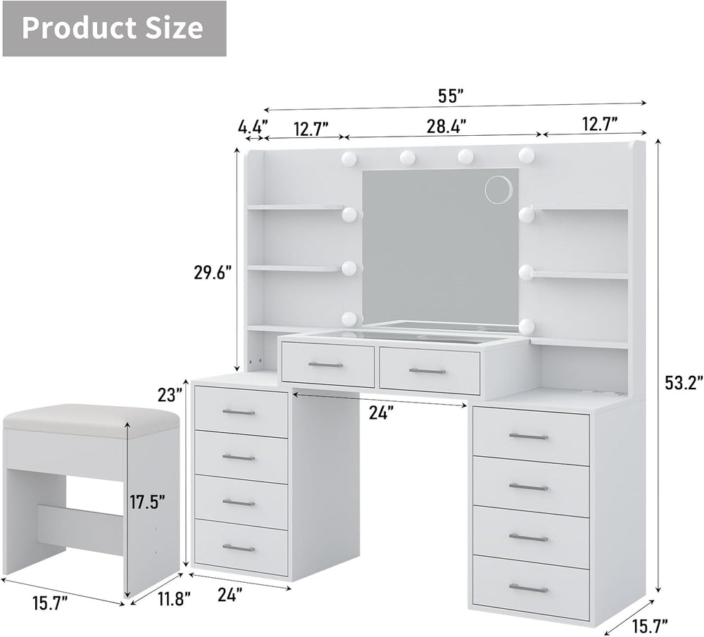 Yanosaku 55'' W Makeup Vanity with Mirror & Lights, 10 Drawers Va...