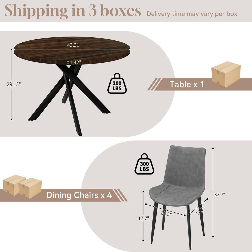 44" Round Dining Table with Chair Set for 4, Modern Mid-Century Dining T...