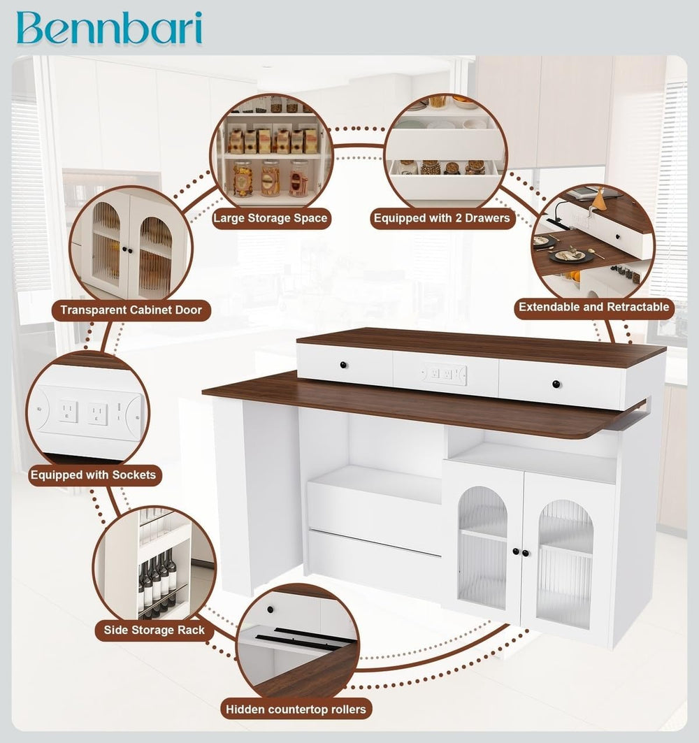 Retro Kitchen Island with Extendable Rotating Tabletop, Power Outlets, Glass ...