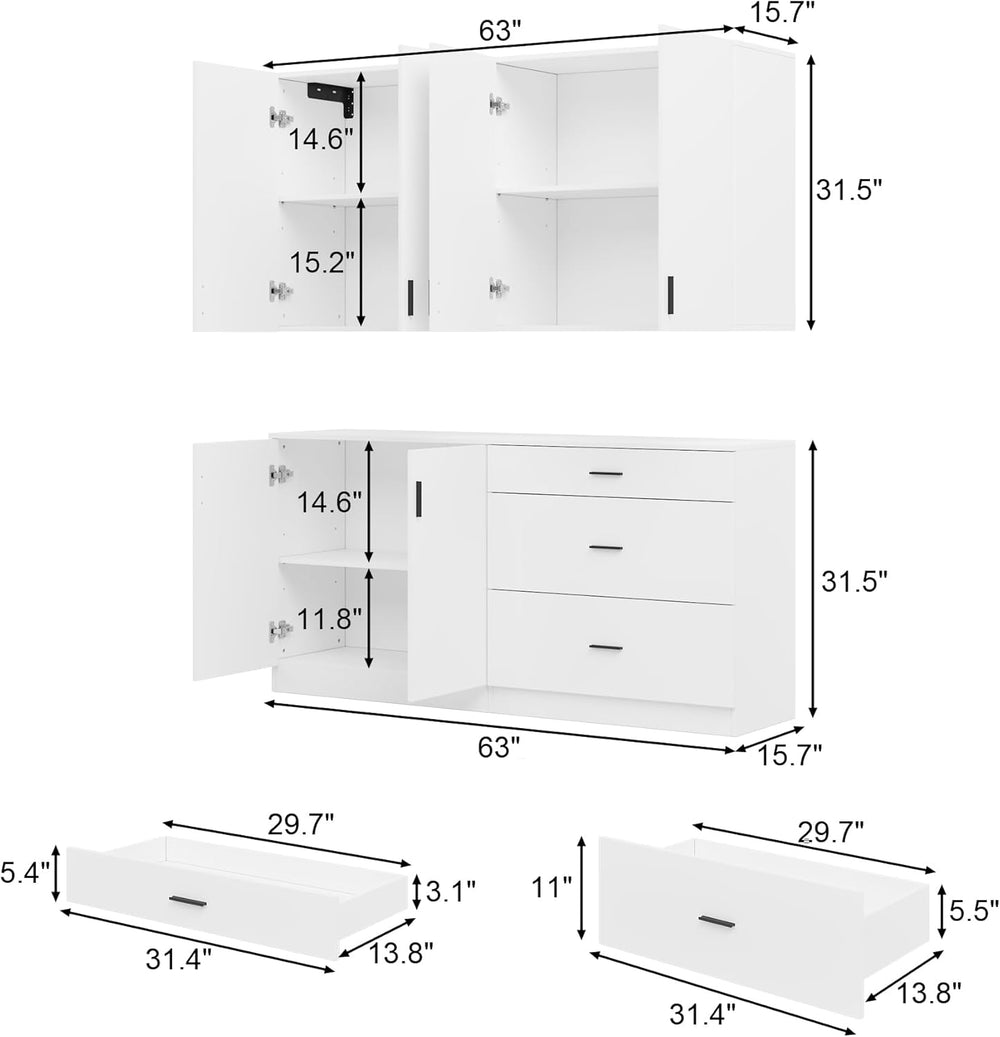 63" Wide Kitchen Pantry, 2-Piece Modern Storage Cabinet with 6 Doors and...