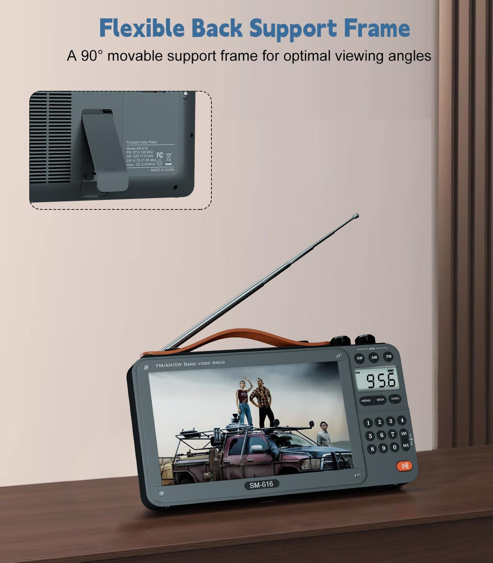 720P 7Inch Screen AM FM Movie Video Radio with Bluetooth Speaker, Rechargeabl...