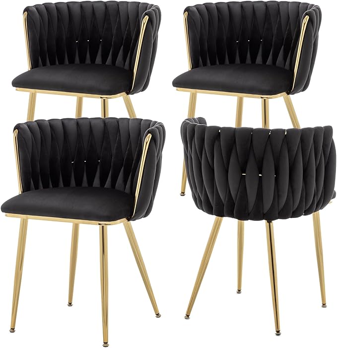 Velvet Dining Chairs Set of 4, Modern Upholstered Woven Dining Chairs with Go...