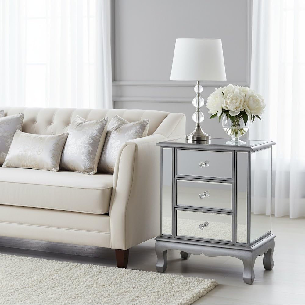 Furnifact Glam Mirrored End Table with 3 Drawers, Small Accent Nightstand for...