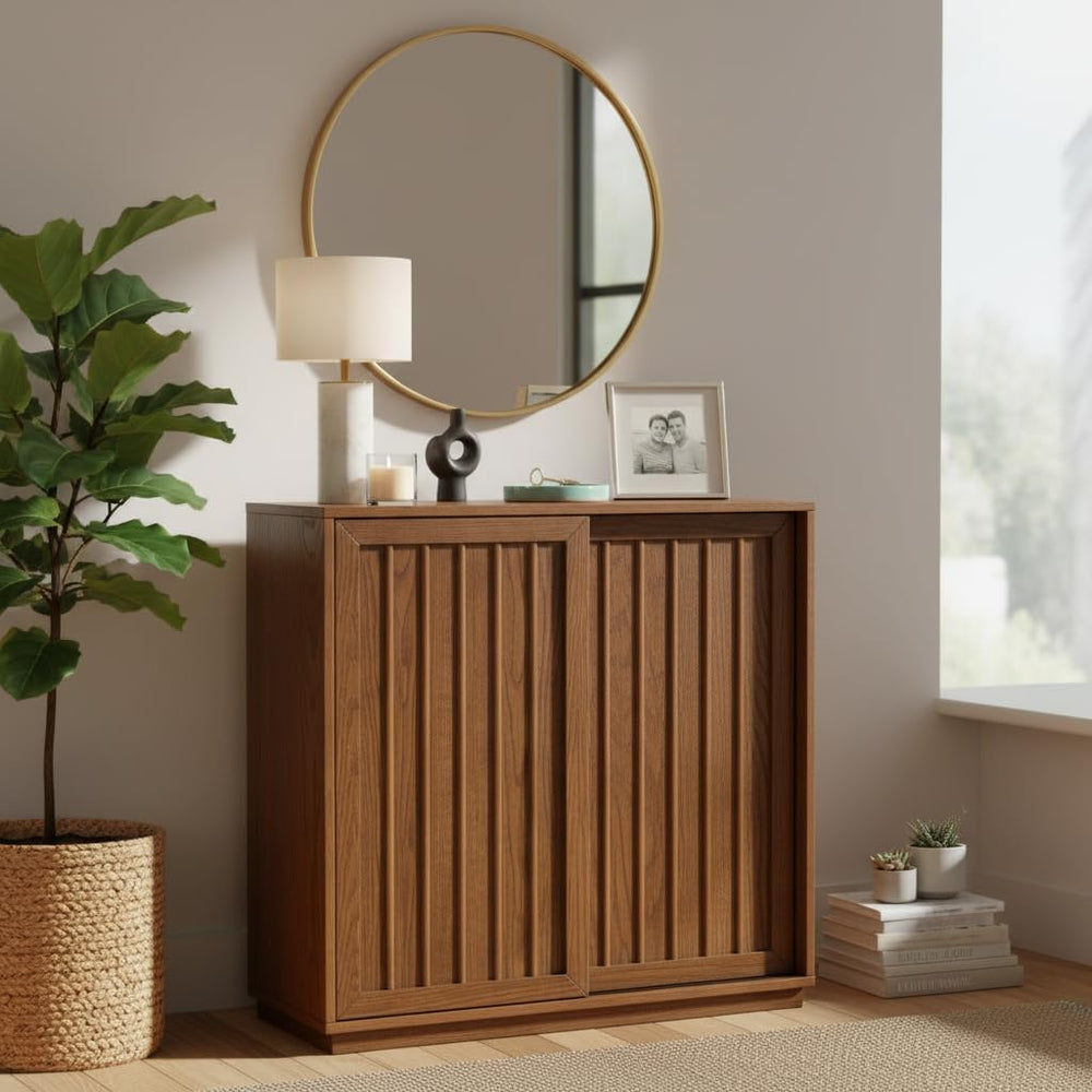 Mid Century Modern Sideboard Cabinet | Slim Fluted Credenza with Sliding Door...