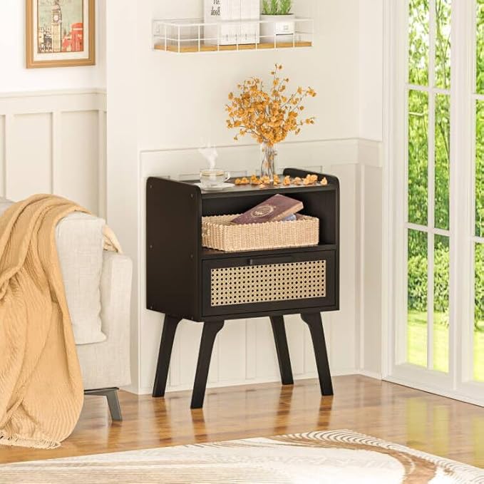 Lerliuo Rattan Nightstand, Bedside Table with Drawer Open Shelf, Cane Accent ...
