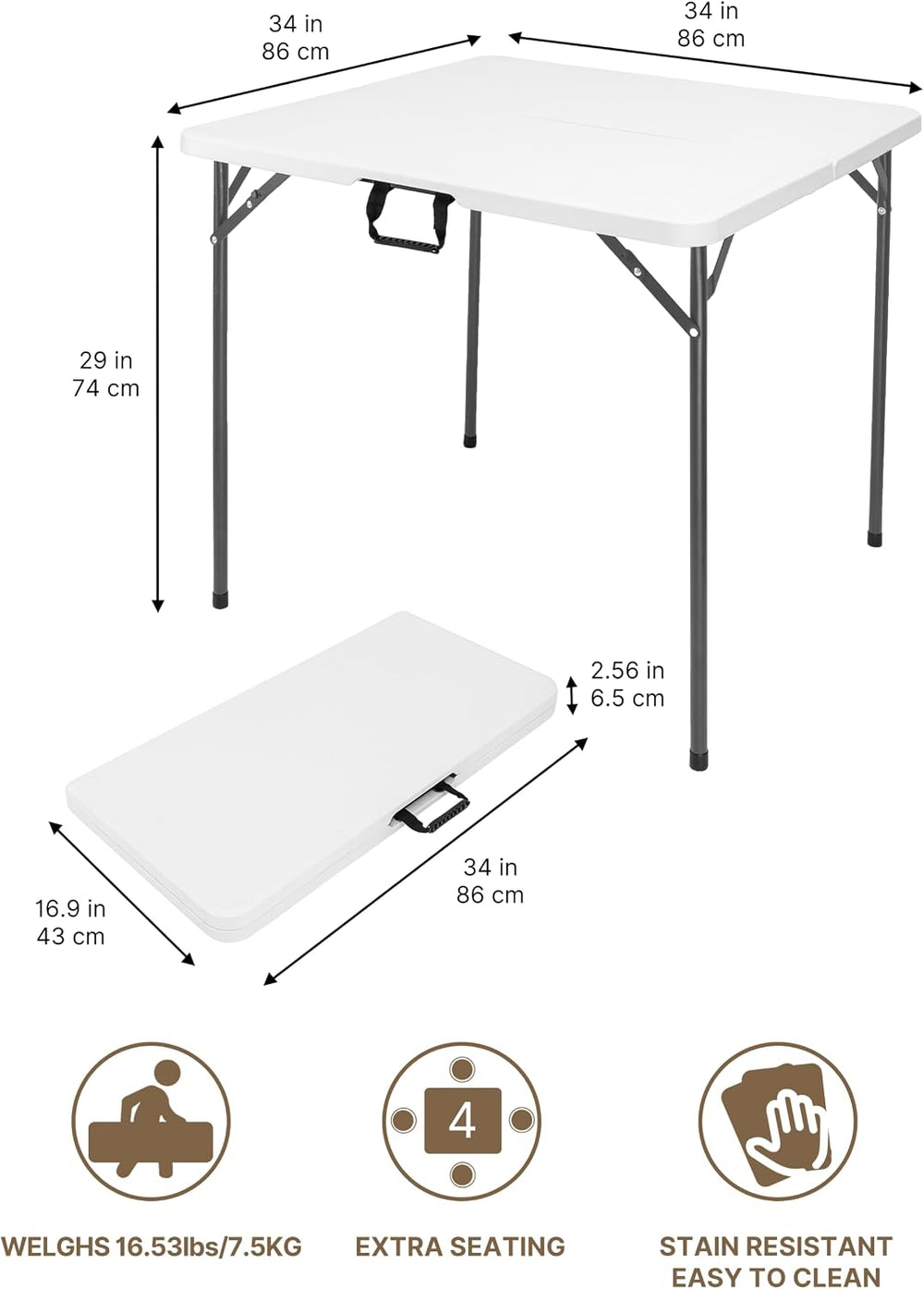 34" Square Folding Card Table, Fold-in-Half White Portable Table