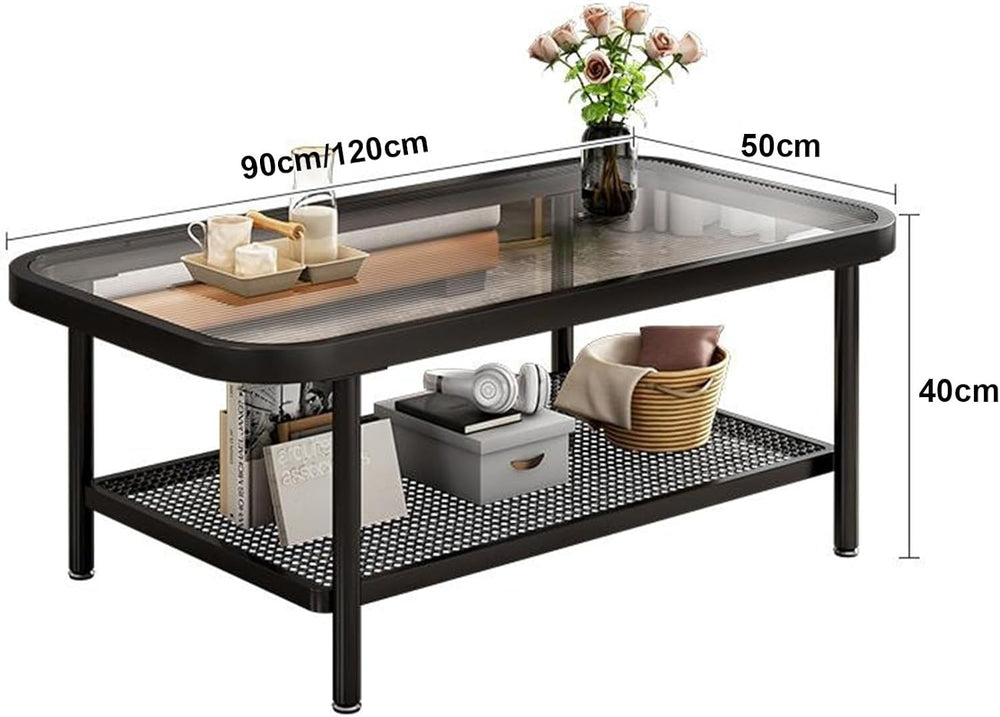 2 Tier Coffee Table, Glass Top Rectangular Coffee Table with Black Metal Fram...