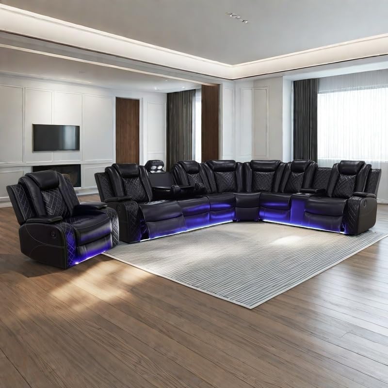 Power Recliner Sofa Sectional Sofa with LED Light for Living Room, Air Leathe...