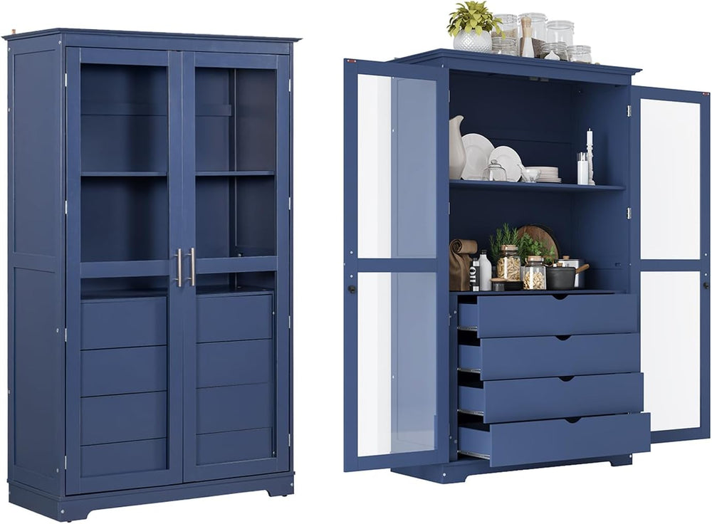 Merax Kitchen Pantry Cabinet with 2 Glass Doors & 4 Large Drawers, Pine W...